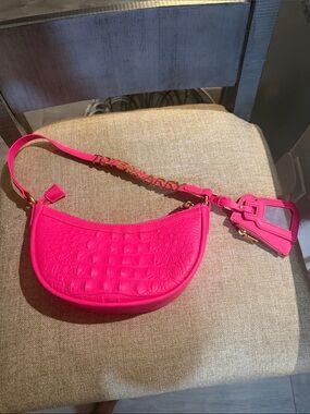 Hot Pink Croc-Embossed Crescent Shoulder Bag with Logo Accent Strap